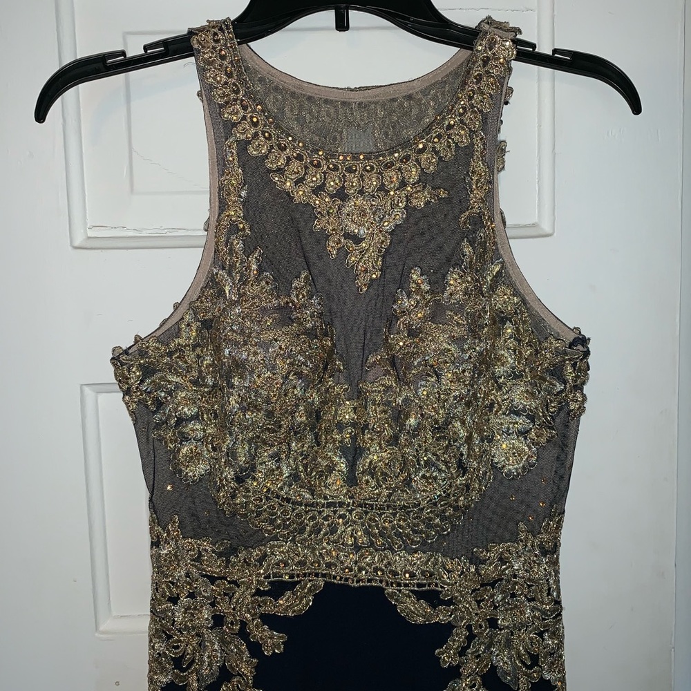 Navy blue and gold prom dress